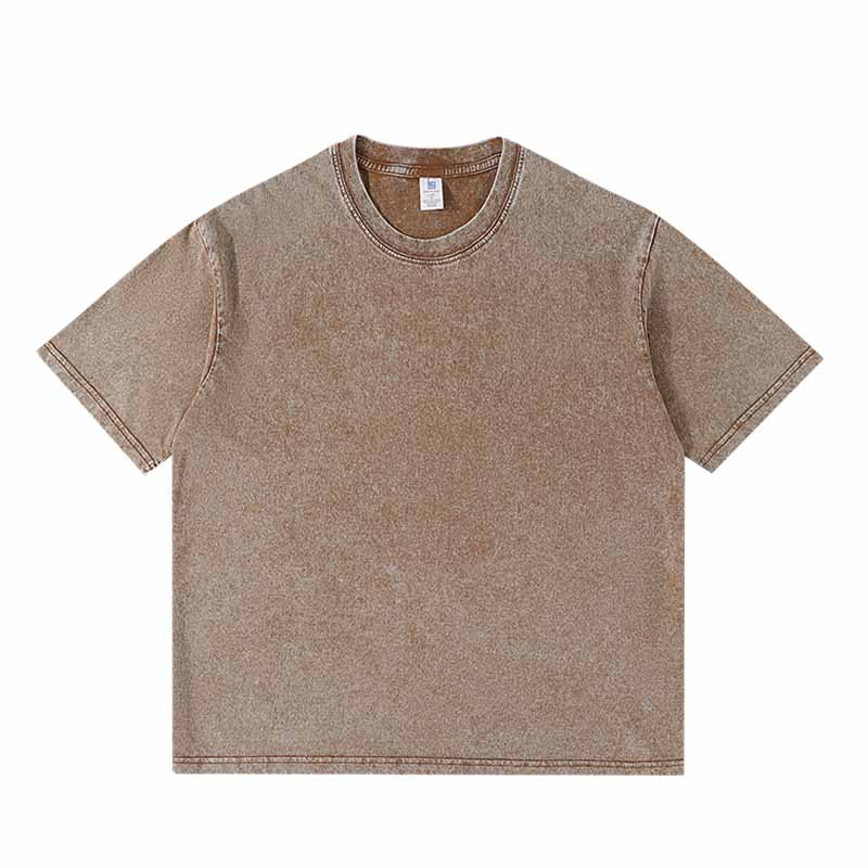 Dropped Shoulder Washed Distressed Short-Sieeved Cotton Round Neck T-Shirt 250g