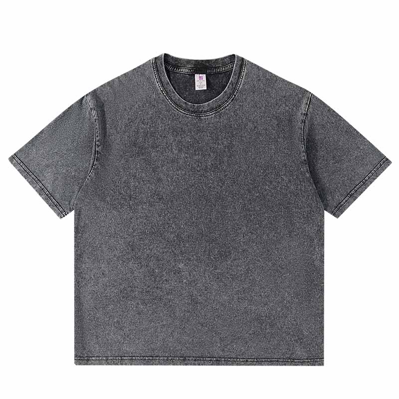 Dropped Shoulder Washed Distressed Short-Sieeved Cotton Round Neck T-Shirt 250g