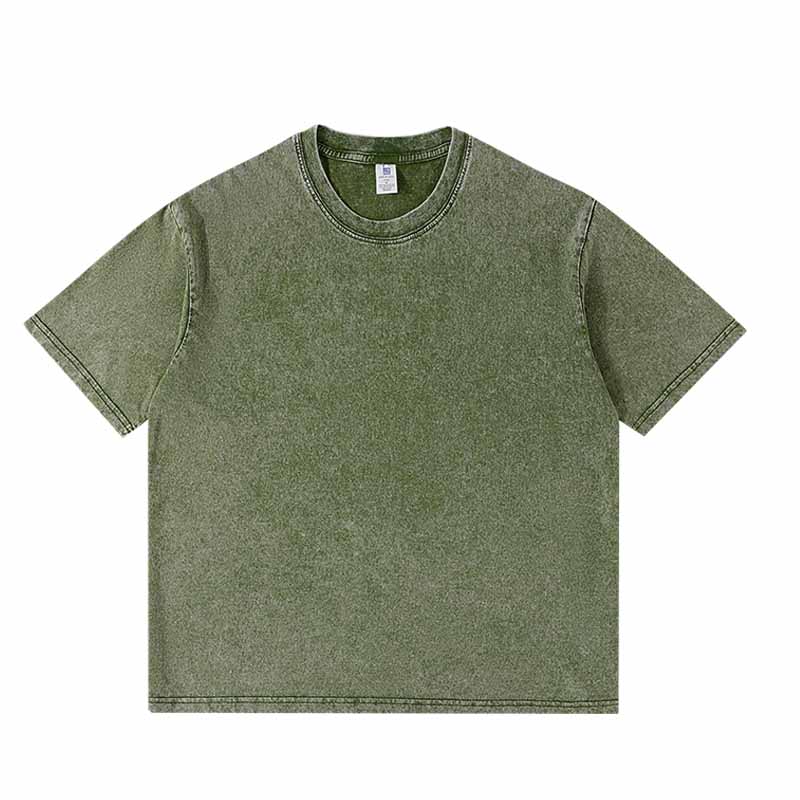 DROPPED SHOULDER WASHED DISTRESSED SHORT-SIEEVED COTTON ROUND NECK T-SHIRT 250g